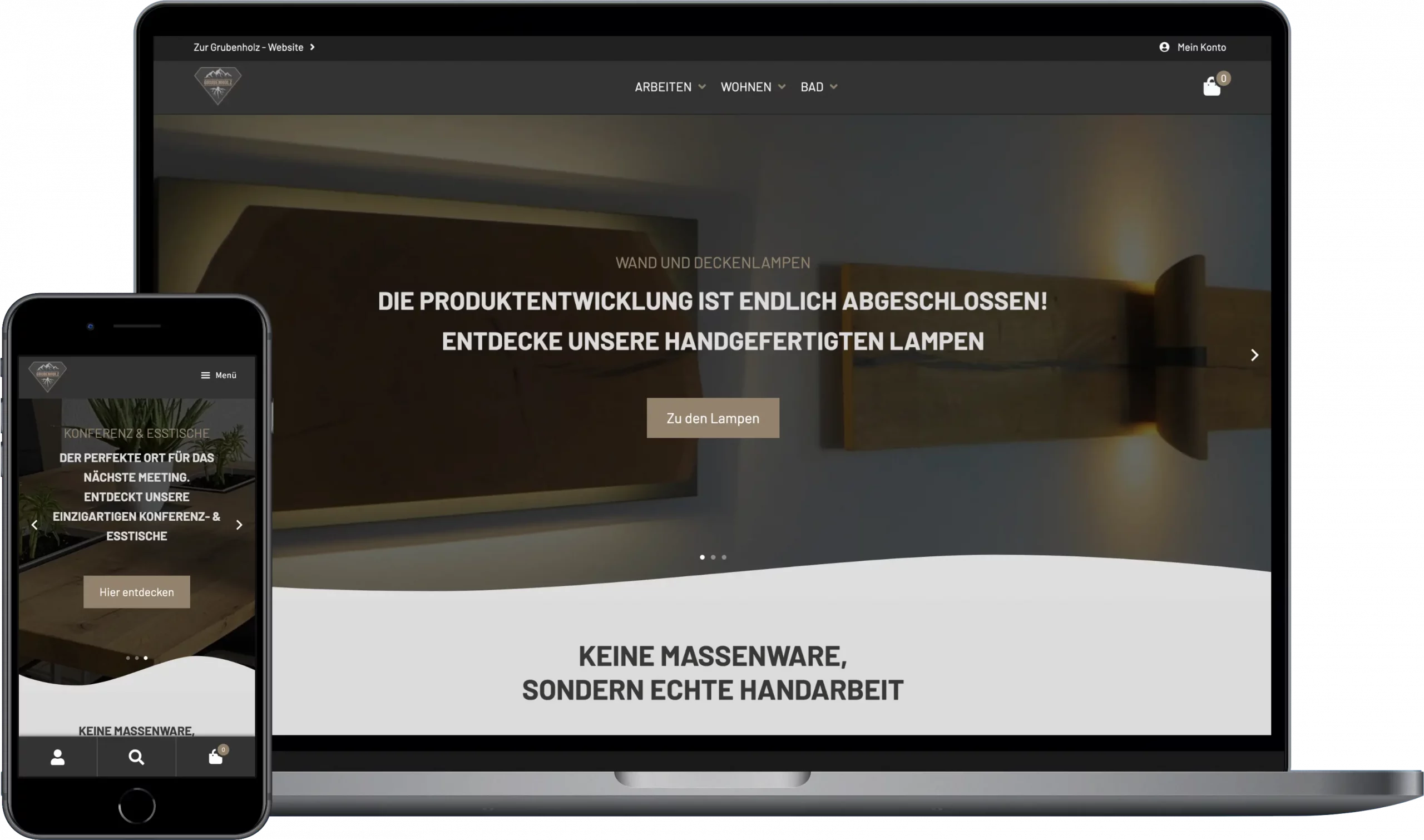 Die Bochumer Manufaktur Grubenholz, hat ihren Onlineshop erstellen lassen. Zu sehen ist ein Screenshot von der Startseite des Webshops.